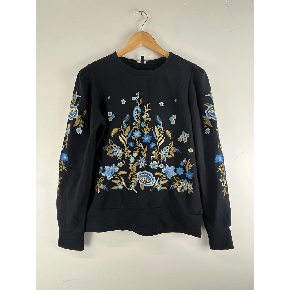 Anthropologie Drew Black Floral Embroidered Crewneck Sweatshirt Size X Small XS